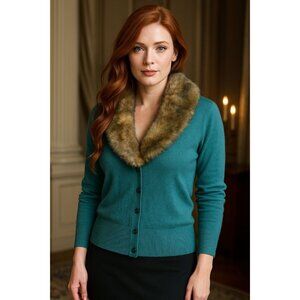 Cabi #3018 Teal Cardigan Removable Faux Fur Collar Size Medium